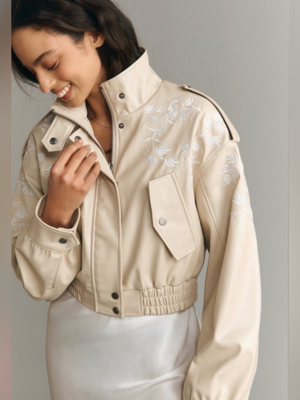 Anthropologie Faux Leather Floral Embroidered Moto Jacket Cream / Oat. Size L